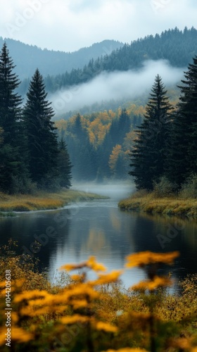 Misty Forest Landscape with Serene River Reflections