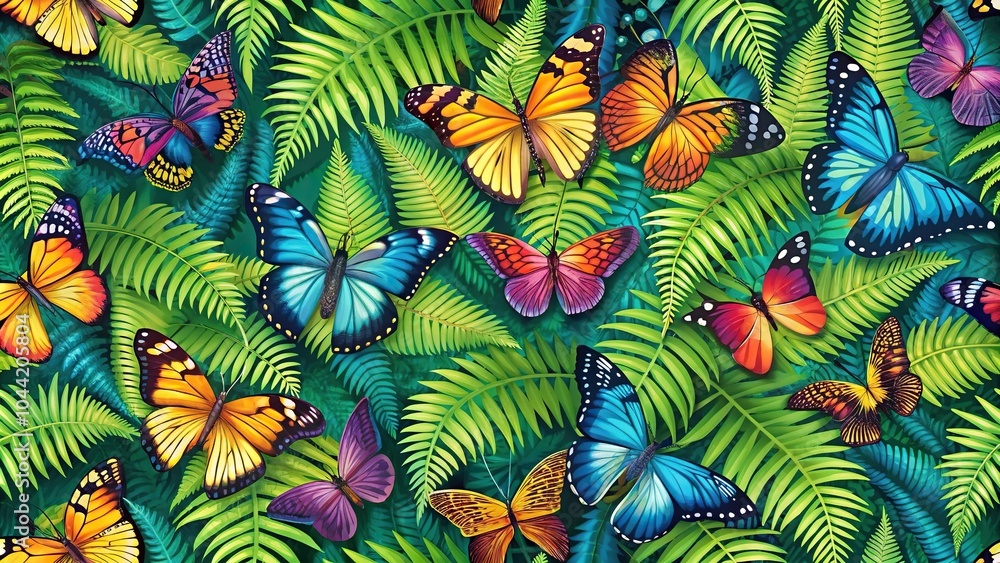 Naklejka premium Seamless texture tile featuring bright butterflies with fern leaves