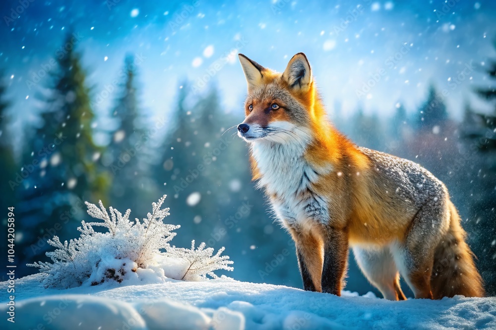 Fototapeta premium Majestic Fox in a Winter Wonderland: A Stunning Snowy Landscape Scene with Vibrant Colors and Detailed Fur for