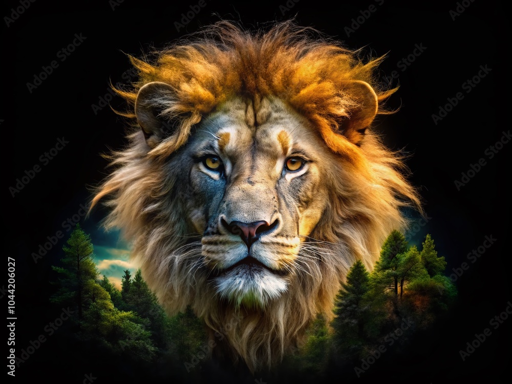 Fototapeta premium Majestic Lion Head in Double Exposure Art on Black Background for Stunning Visual Impact