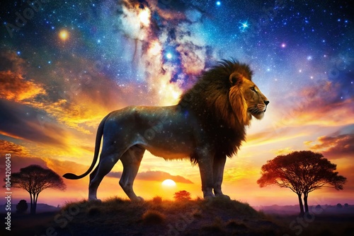 Majestic Lion in Double Exposure with African Landscape and Starry Sky