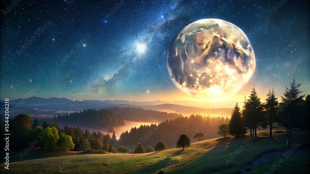 Majestic Moonrise Over Serene Landscape - Stunning Night Sky Photography Majestic Moonrise Over Serene Landscape - Stunning Night Sky Photography