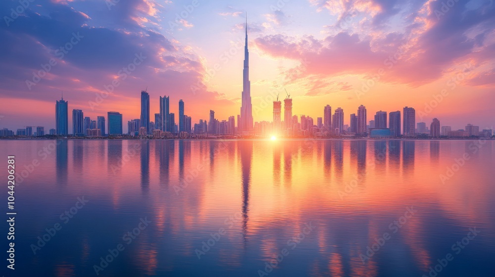 Serene City Skyline at Sunset Over Reflecting Water Serene City Skyline at Sunset Over Reflecting Water