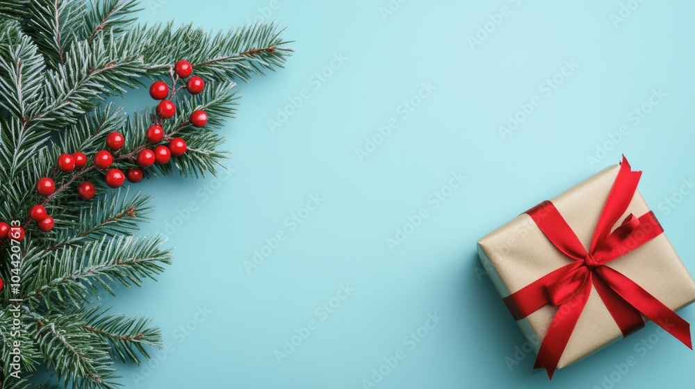 Christmas Present and Festive Greenery with blue background Christmas Present and Festive Greenery with blue background