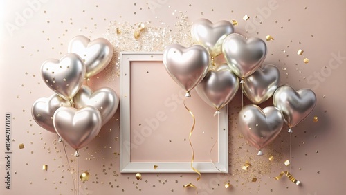Minimalist Fun Surprise Card with Heart Silver Balloons and Gold Confetti Decoration for Holiday Celebrations
