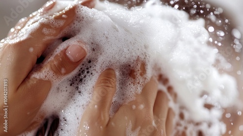 Close-up of hands applying foamy shampoo during a hair wash.
