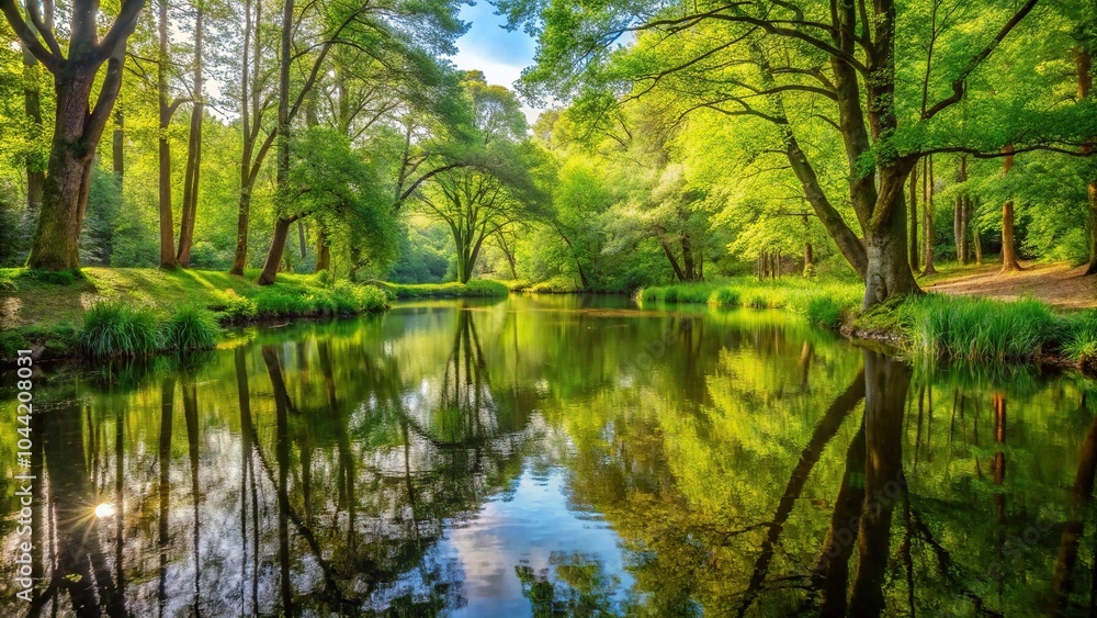Scenic woodland area with small lake reflecting trees and sky Scenic woodland area with small lake reflecting trees and sky