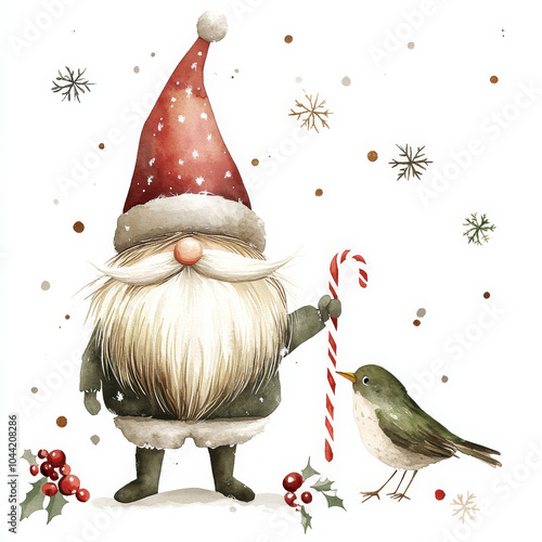 A whimsical Christmas gnome with a bushy beard, standing next to a bird, with holiday decorations like candy canes and snowflakes scattered around. Watercolor illustration on a clean white background. photo