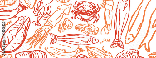 Hand drawn isolated line vector set of seafood. Shrimps, langoustines, prawns, salmon, trout, oysters, mussels, squid, crab. Food vintage illustration and template on white background. Restaurant menu