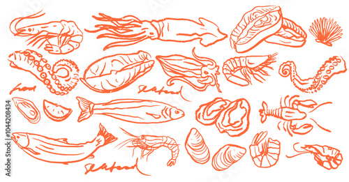 Hand drawn isolated line vector set of seafood. Shrimps, langoustines, prawns, salmon, trout, oysters, mussels, squid, crab. Food vintage illustration and template on white background. Restaurant menu
