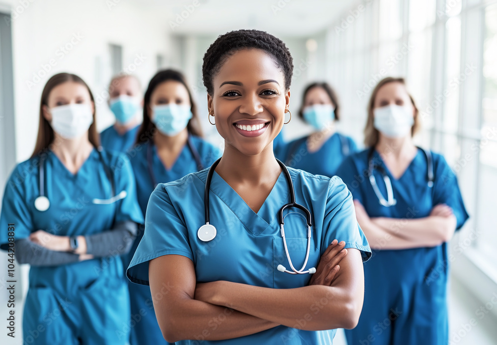 Confident medical team with smiling female doctor in hospital corridor Confident medical team with smiling female doctor in hospital corridor