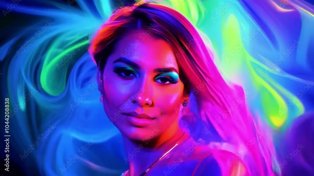 Model poses gracefully as vibrant, colorful smoke swirls around her, creating a captivating and artistic atmosphere Model poses gracefully as vibrant, colorful smoke swirls around her, creating a captivating and artistic atmosphere