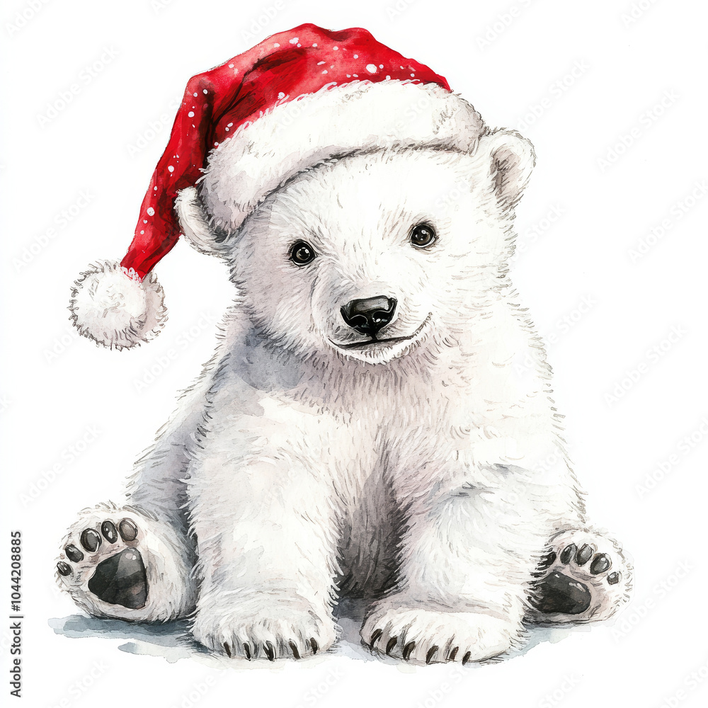 Cute polar bear cub in a red Santa hat sitting on an isolated white background, handpainted in watercolor. Perfect for winter holiday designs and cards. Cute polar bear cub in a red Santa hat sitting on an isolated white background, handpainted in watercolor. Perfect for winter holiday designs and cards.