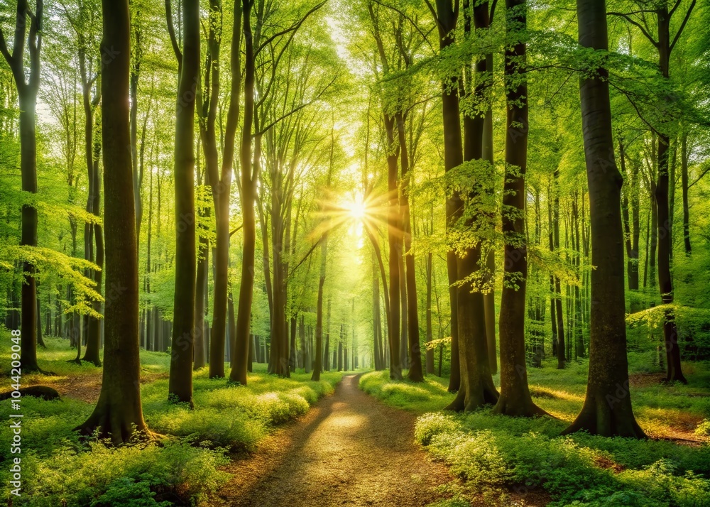 Obraz premium Minimalist Spring Forest: Lush Greenery and Serenity in Nature's Embrace