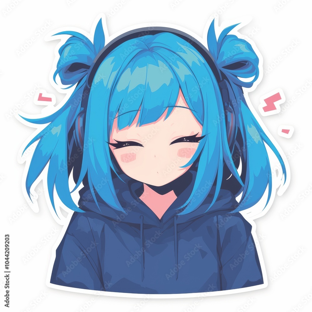 A young female character with bright blue hair smiles serenely while wearing oversized headphones, exuding a playful vibe.