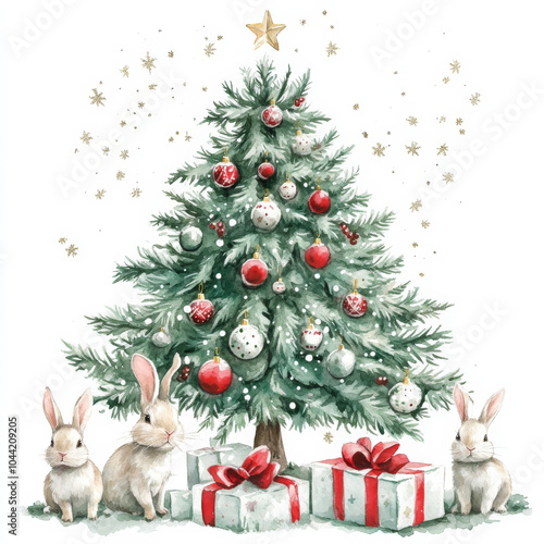 A beautifully decorated Christmas tree with sparkling ornaments and gifts underneath, surrounded by cute bunnies. Handdrawn watercolor illustration on an isolated white background, perfect for a