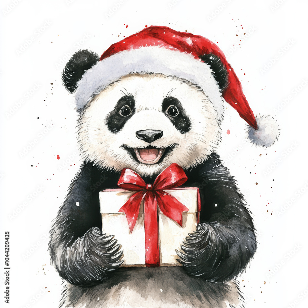 A happy panda wearing a Santa hat, holding a gift with a bow, watercolor handpainted illustration on a white background. Great for festive holiday projects. A happy panda wearing a Santa hat, holding a gift with a bow, watercolor handpainted illustration on a white background. Great for festive holiday projects.