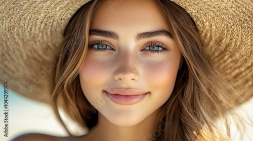 Smiling Young Woman with Straw Hat