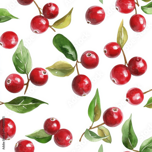 A seamless pattern with vibrant red cranberries and delicate green leaves, botanical watercolor illustration. The juicy berries are scattered across a white background, creating a fresh winterthemed photo