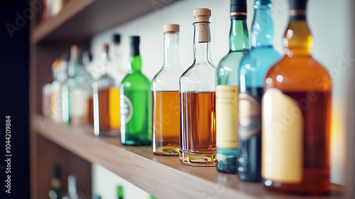 Diverse array of colorful liquor bottles displayed on wooden shelves in modern bar setting