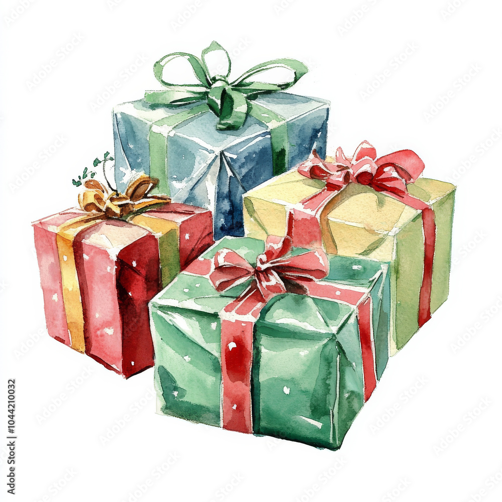Fototapeta premium A charming watercolor scene of beautifully wrapped Christmas presents in traditional holiday colors, sitting on an isolated white background. The handpainted illustration is perfect for Christmas