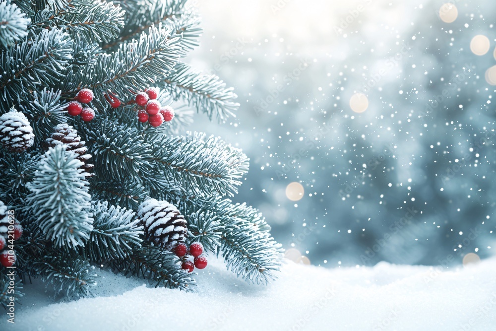 A serene winter landscape framed by Christmas tree branches and snowflakes, ideal for holiday cards, festive marketing, and seasonal designs. A serene winter landscape framed by Christmas tree branches and snowflakes, ideal for holiday cards, festive marketing, and seasonal designs.