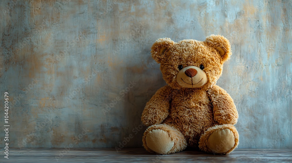 Obraz premium Cozy plush teddy bear ideal for Christmas and holiday-themed designs, children's gifts, and nostalgic home decor. Evokes warmth and childhood memories.
