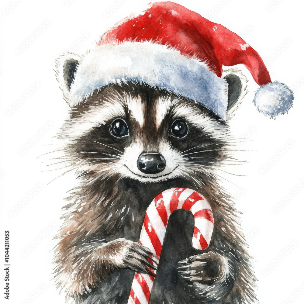 Festive raccoon in a red Santa hat holding a candy cane, handdrawn in watercolor on an isolated white background. A fun holiday illustration for designs. Festive raccoon in a red Santa hat holding a candy cane, handdrawn in watercolor on an isolated white background. A fun holiday illustration for designs.