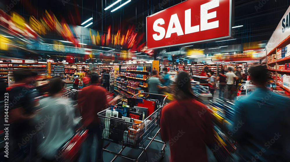 Supermarket Crowded with Shoppers During Sale Event, Ideal for Retail Marketing, Discount Promotions, Seasonal Sales, Black Friday Campaigns, E-commerce Promotions, Consumer Shopping Behavior Supermarket Crowded with Shoppers During Sale Event, Ideal for Retail Marketing, Discount Promotions, Seasonal Sales, Black Friday Campaigns, E-commerce Promotions, Consumer Shopping Behavior