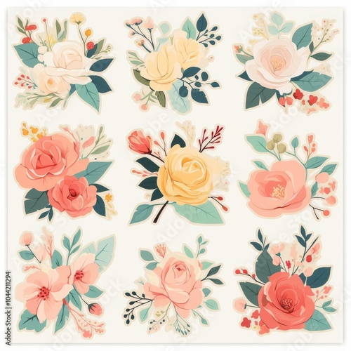A vibrant collection of floral illustrations featuring roses and assorted blossoms on a light background.