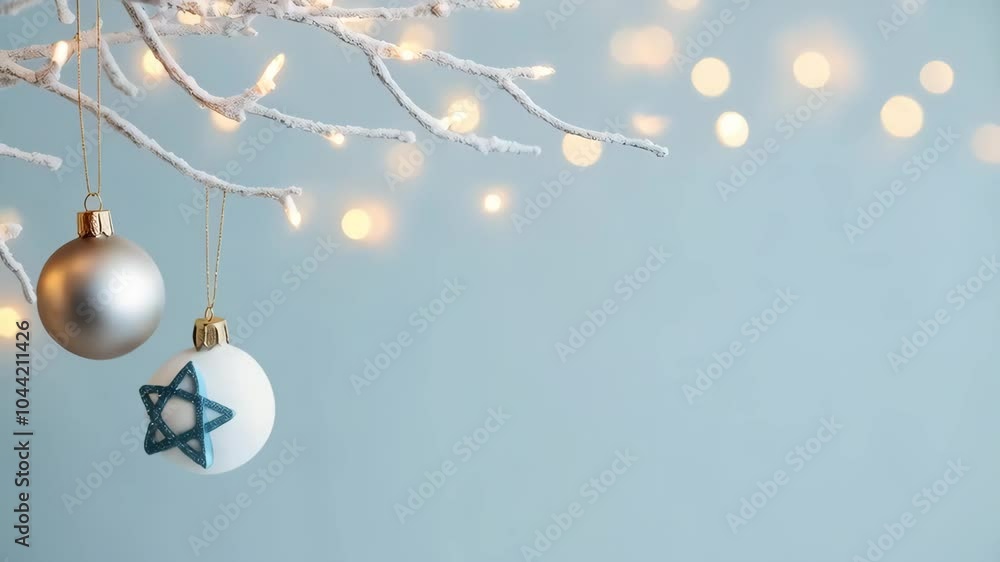 Glass ball with blue star hanging against blurred background with golden lights. Christmas and New Year celebration. Winter holiday decoration. Banner, greeting card with copy space Glass ball with blue star hanging against blurred background with golden lights. Christmas and New Year celebration. Winter holiday decoration. Banner, greeting card with copy space
