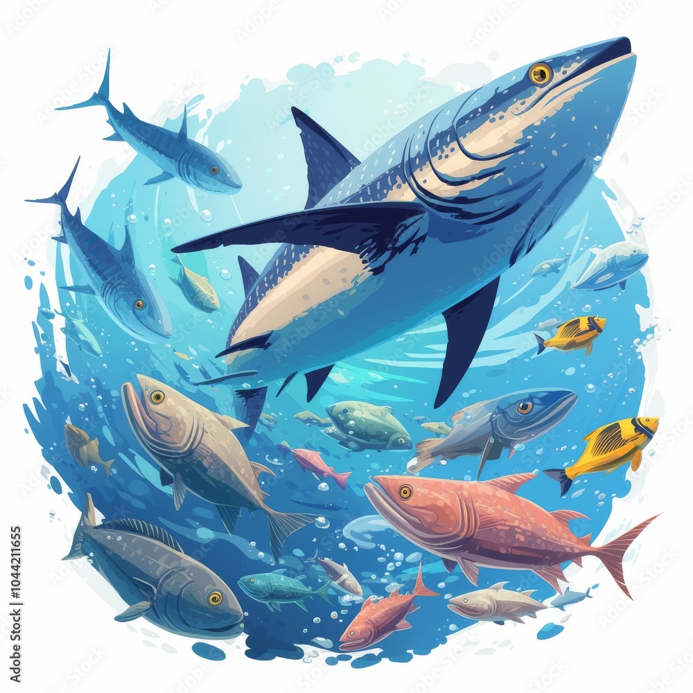 Obraz premium A vibrant underwater scene featuring various colorful fish including a large shark swimming majestically.