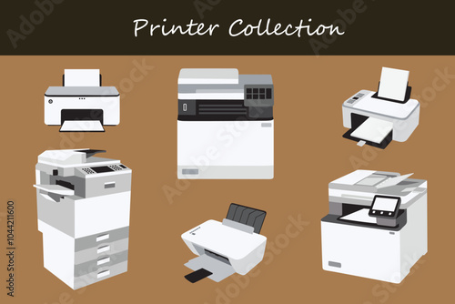 printer collection in different poses. Vector illustration.
