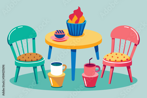 Coffee time. Illustration of isolated colorful chairs with coffee and pieces of cake