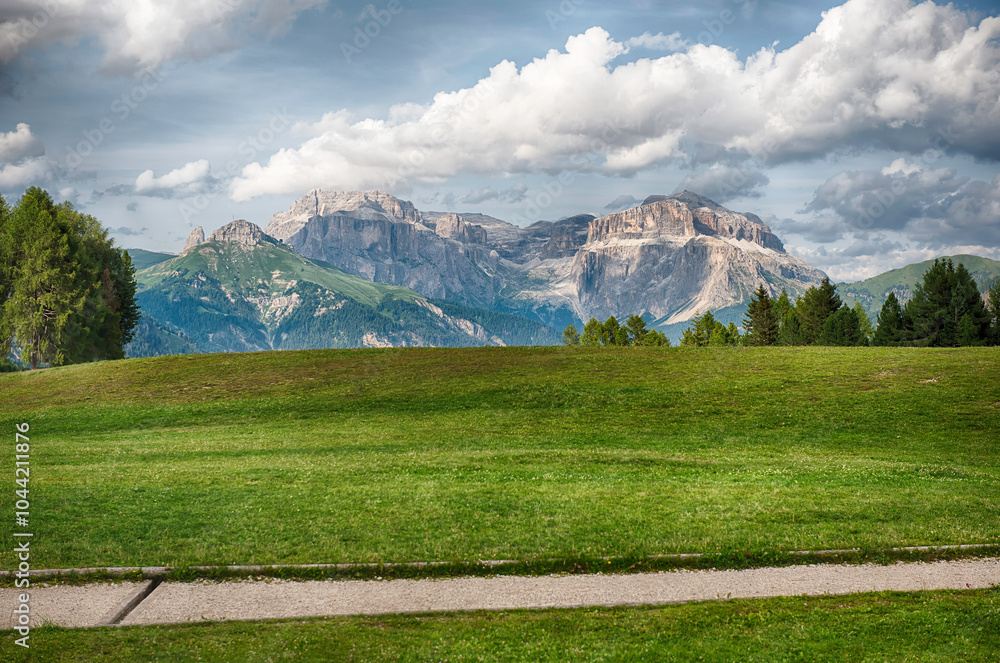 Fototapeta premium Panoramic view of Langkofel and Sella groups, Dolomites, Italy
