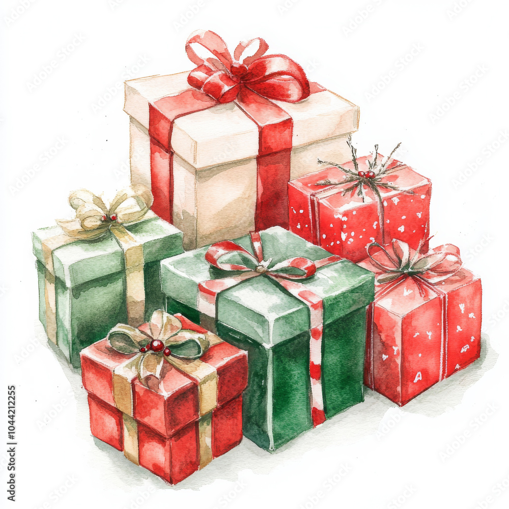 Obraz premium A charming watercolor scene of beautifully wrapped Christmas presents in traditional holiday colors, sitting on an isolated white background. The handpainted illustration is perfect for Christmas