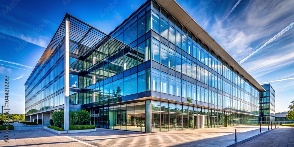 Fototapeta premium Modern Office Building Exterior with Copy Space for Corporate Use, Urban Architecture, and Business Branding Needs