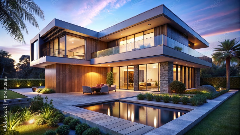 Fototapeta premium Modern Villa at Night - Architectural Exterior Design Inspiration for Designers and Architects