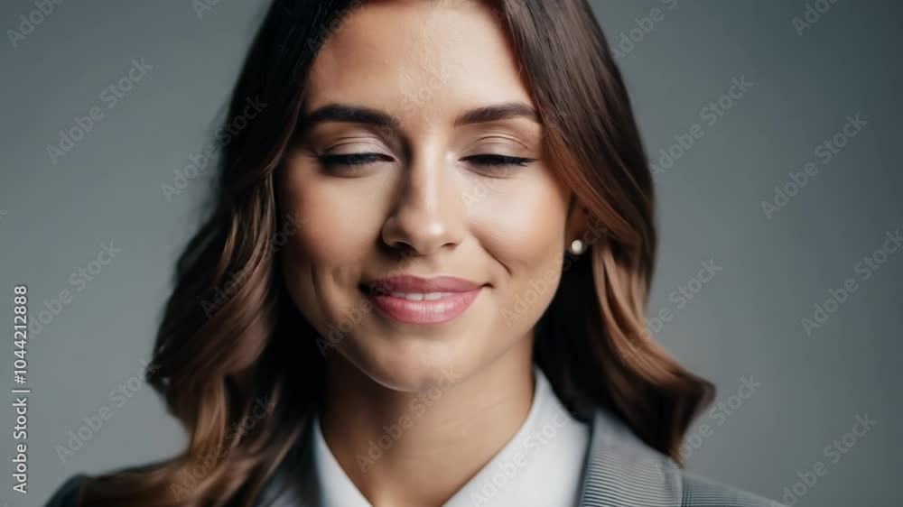 Businesswoman with long brown hair and a white shirt smiles confidently against a grey background, exuding professionalism Businesswoman with long brown hair and a white shirt smiles confidently against a grey background, exuding professionalism