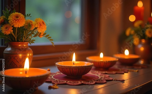 A table with many candles and flowers on it, happy diwali
 photo