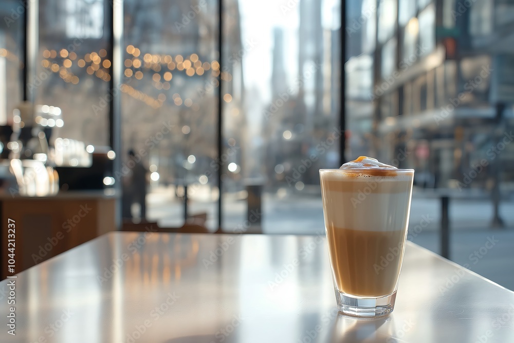 A Iced Caramel Macchiato Served in a Sleek Modern Café With Large Glass Windows and a Bustling City Street View, Beverage Photography, Drinks Menu Style Photo Image A Iced Caramel Macchiato Served in a Sleek Modern Café With Large Glass Windows and a Bustling City Street View, Beverage Photography, Drinks Menu Style Photo Image