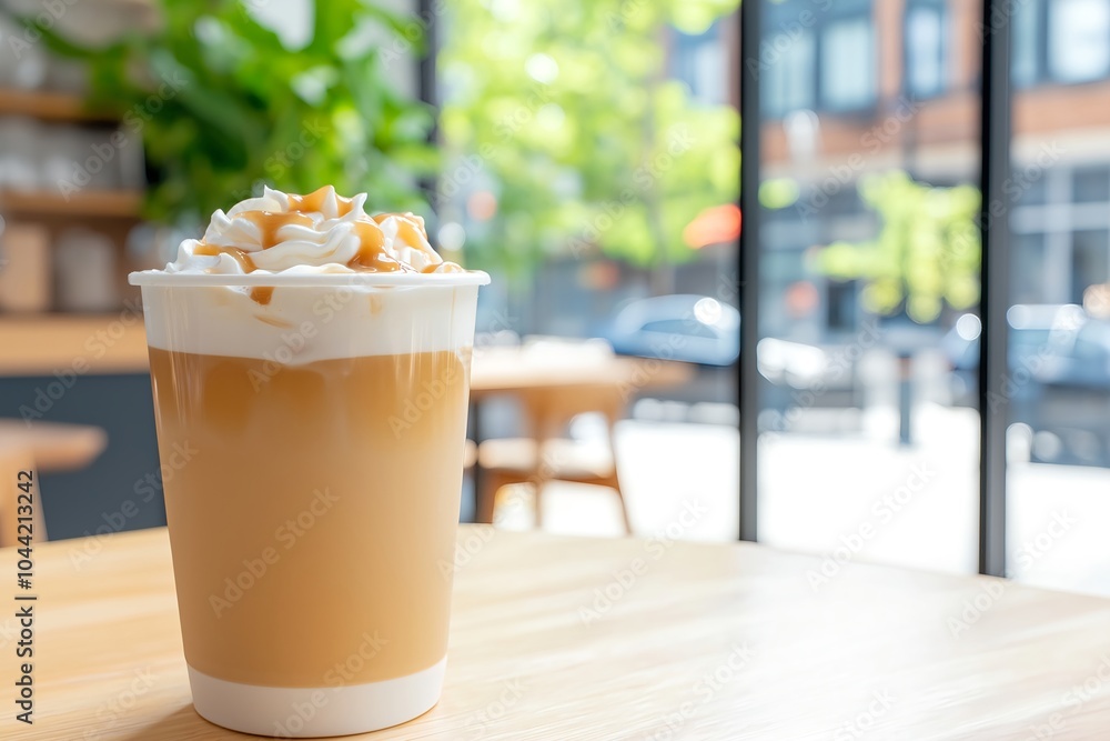 A Iced Caramel Macchiato Served in a Sleek Modern Café With Large Glass Windows and a Bustling City Street View, Beverage Photography, Drinks Menu Style Photo Image A Iced Caramel Macchiato Served in a Sleek Modern Café With Large Glass Windows and a Bustling City Street View, Beverage Photography, Drinks Menu Style Photo Image