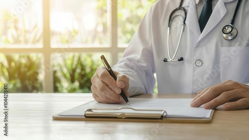 Doctor writing a prescription after a routine medical check photo