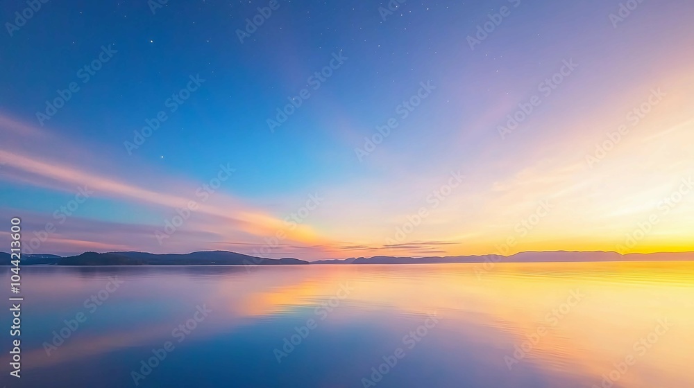 Serene Sunrise Over Calm Lake with Pastel Sky Reflections. Tranquil Morning Horizon Capturing Soft Colors of Dawn. Serene Sunrise Over Calm Lake with Pastel Sky Reflections. Tranquil Morning Horizon Capturing Soft Colors of Dawn.