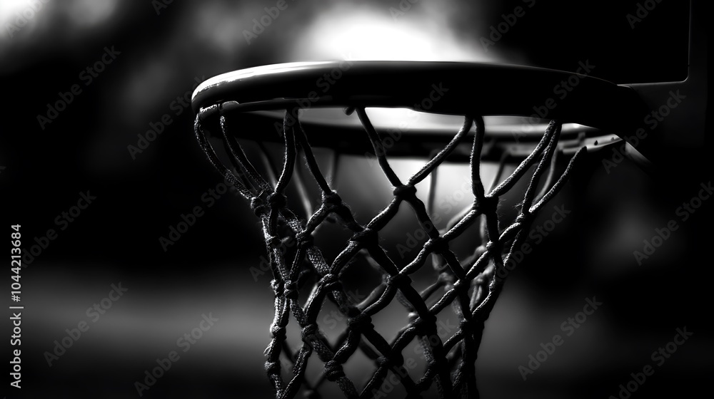 A black and white close-up of a basketball hoop with a net. A black and white close-up of a basketball hoop with a net.