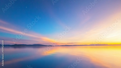 Serene Sunrise Over Calm Lake with Pastel Sky Reflections. Tranquil Morning Horizon Capturing Soft Colors of Dawn.