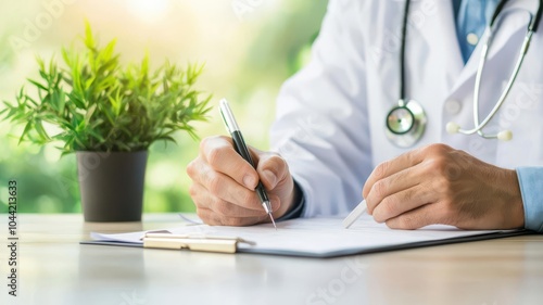 Doctor writing a prescription after a routine medical check photo