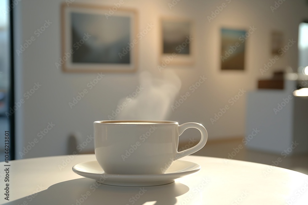 A Steaming Cup of Americano, Served on a Minimalist White Table in a Quiet Art Gallery Café With Paintings on the Walls and Soft Natural Light, Beverage Photography, Drinks Menu Style Photo Image A Steaming Cup of Americano, Served on a Minimalist White Table in a Quiet Art Gallery Café With Paintings on the Walls and Soft Natural Light, Beverage Photography, Drinks Menu Style Photo Image