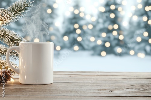 A Steaming Mug of Mulled Wine, Placed on a Rustic Wooden Table at a Winter Market With Christmas Lights and Snowy Pine Trees in the Background, Beverage Photography, Drinks Menu Style Photo Image