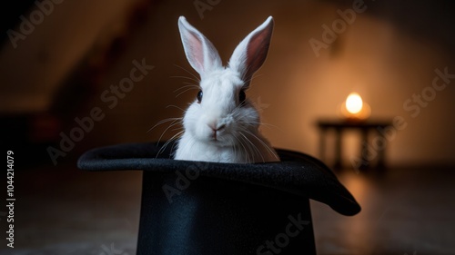 White Rabbit Wearing Black Hat Against Dark Background in Whimsical Portrait photo